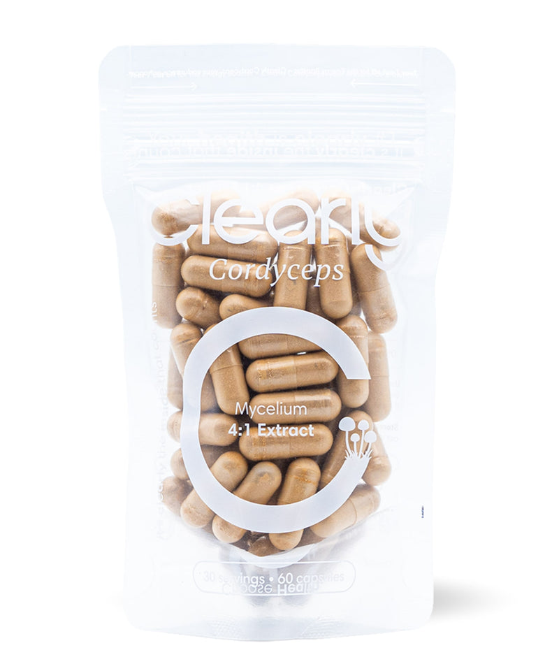 Clearly brand Cordyceps capsules in a blister pack, showing the front view with the product label and capsules visible.