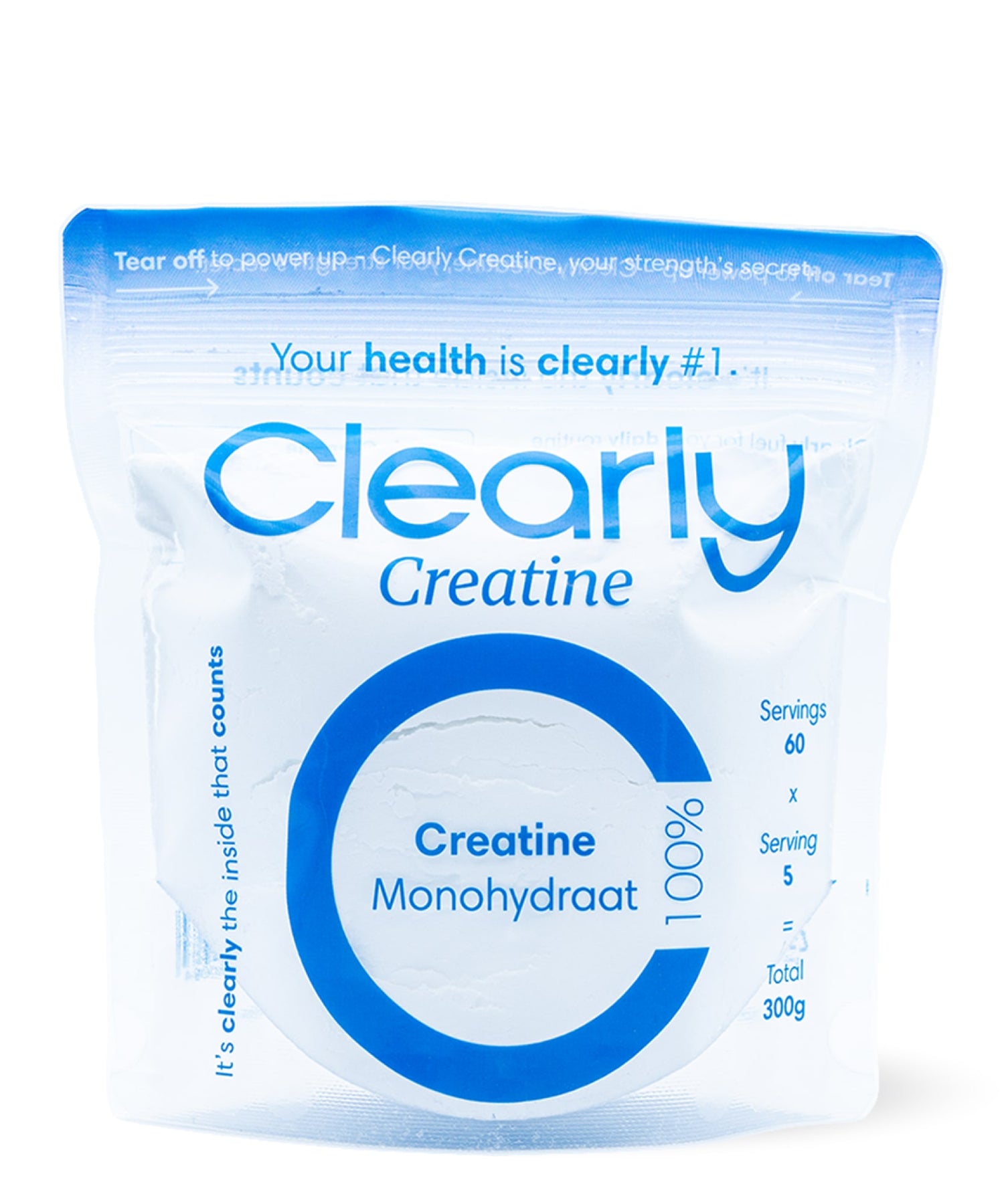 Container of Clearly Creatine supplement with a white label and scoops, showcasing the product front view.