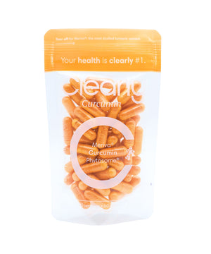 Clearly brand curcumin capsules in a bottle, showing the front label and capsules inside, for natural anti-inflammatory support.