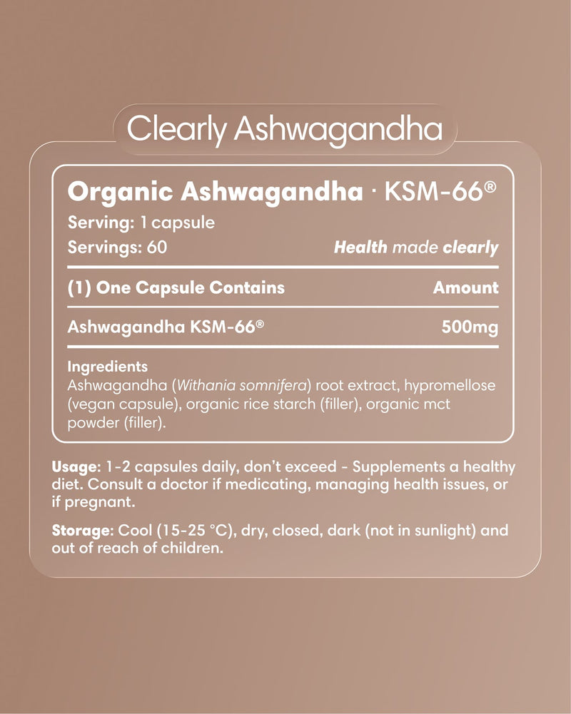 Clearly Ashwagandha capsules bottle with label showing product name and supplement details, natural herbal wellness supplement.