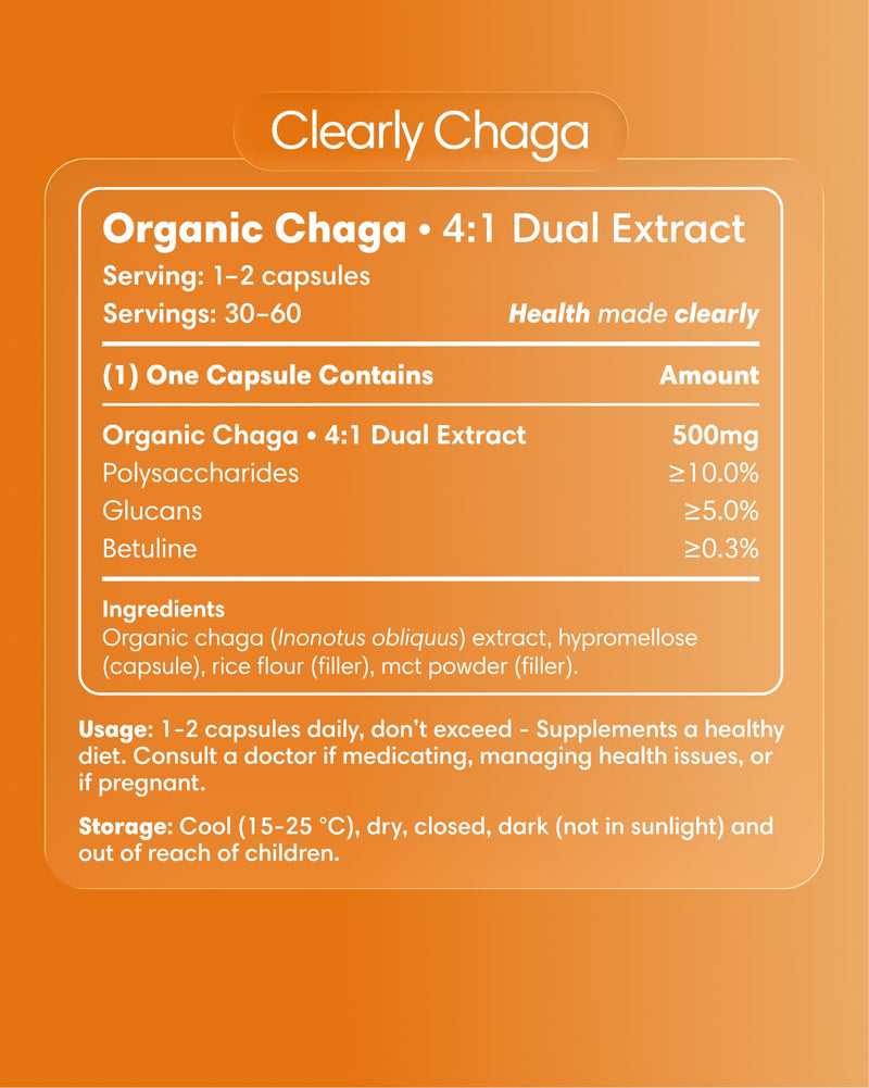 Clearly Chaga capsules bottle with label showing product name and branding, positioned on a neutral background.