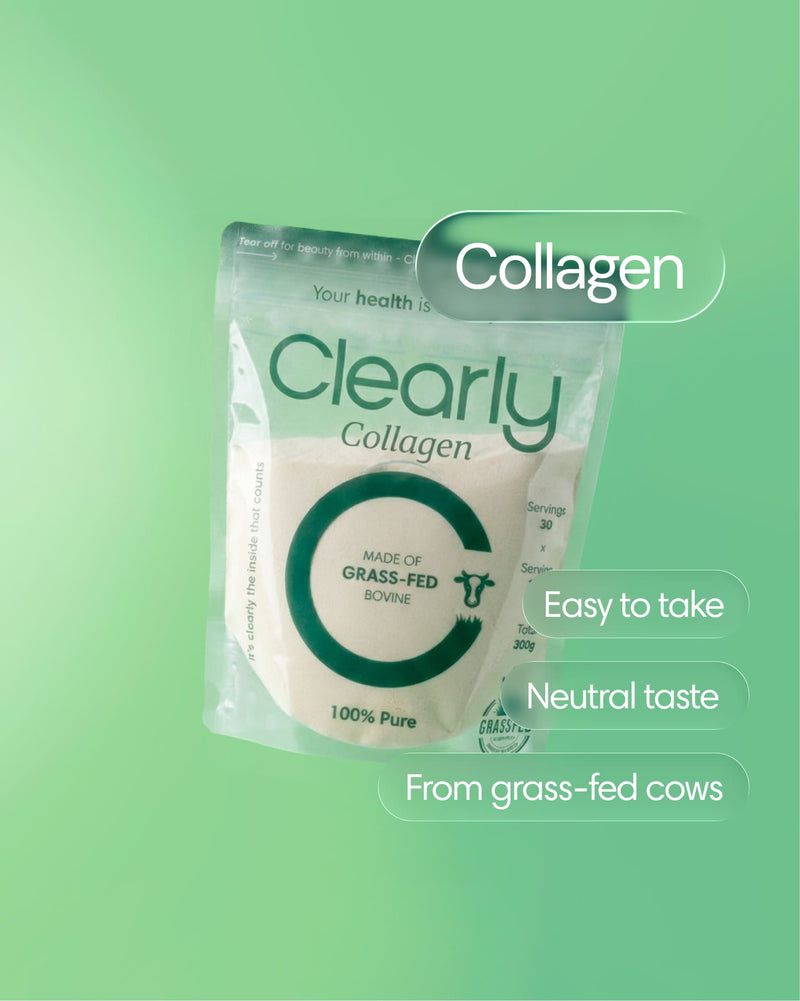 Clearly grass-fed collagen powder in a resealable jar with a scoop, showing the product label and powder inside.