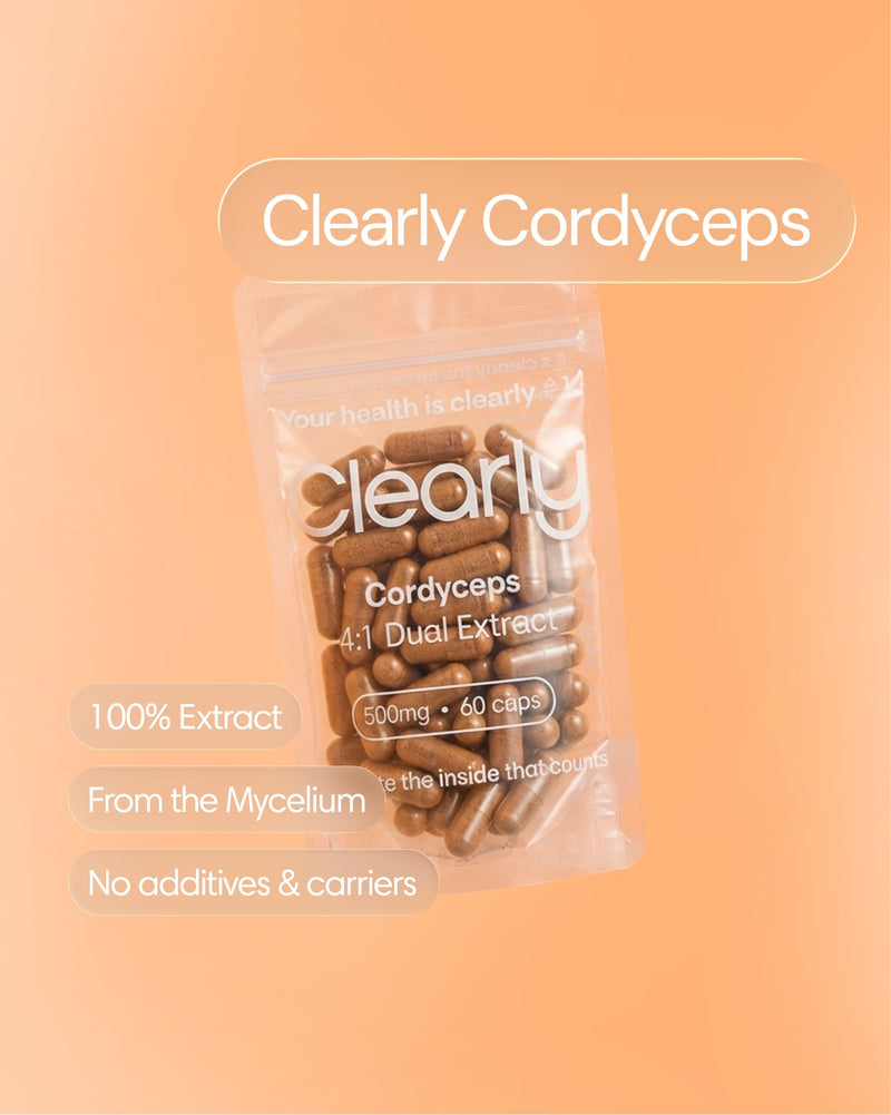 Clearly brand Cordyceps capsules, showing a bottle with white capsules and label on a neutral background.