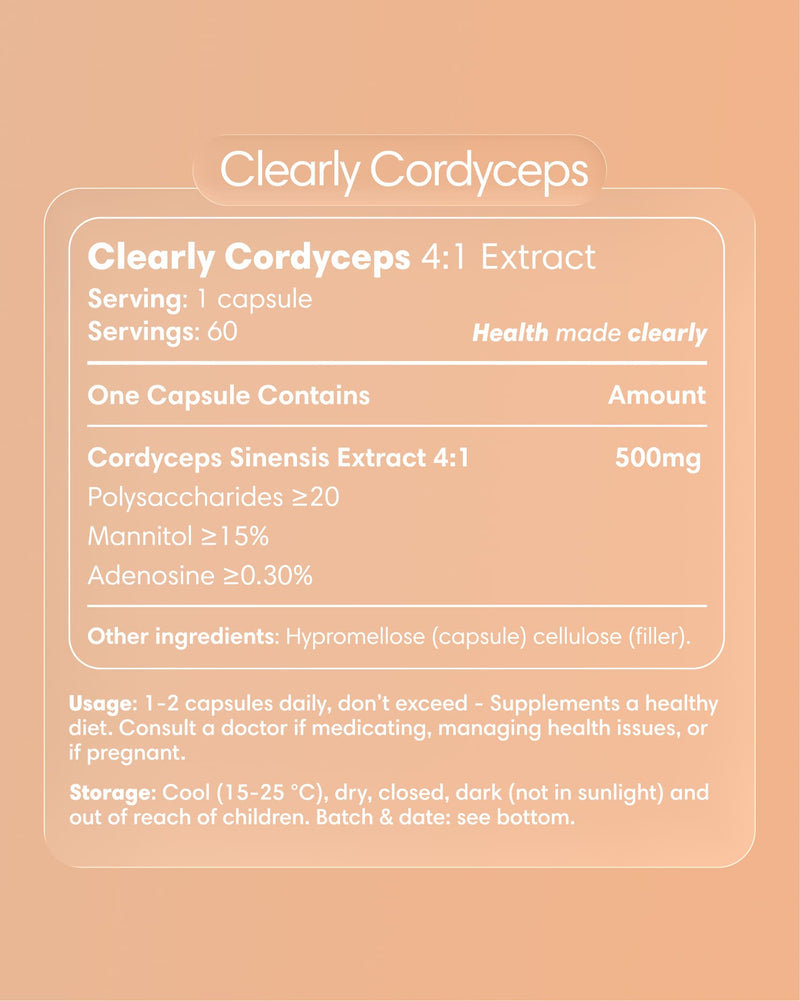 Clearly brand Cordyceps capsules with label showing product details and packaging in a natural, informative shot.
