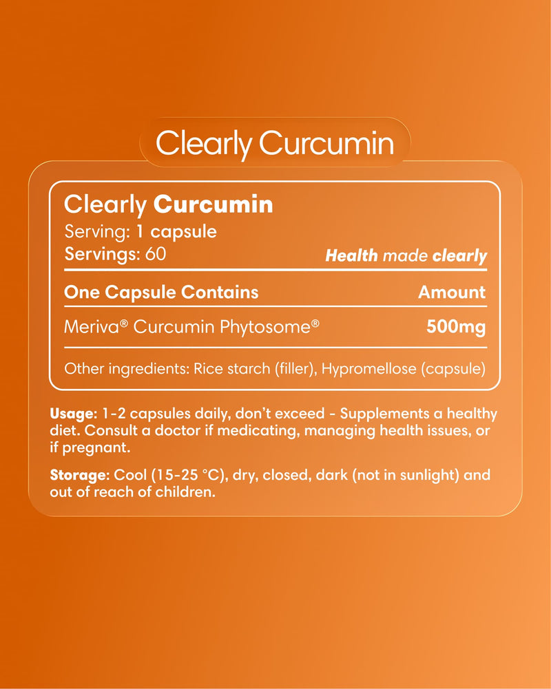 Clearly Curcumin capsules bottle with label showing supplement information and branding, set against a plain background.