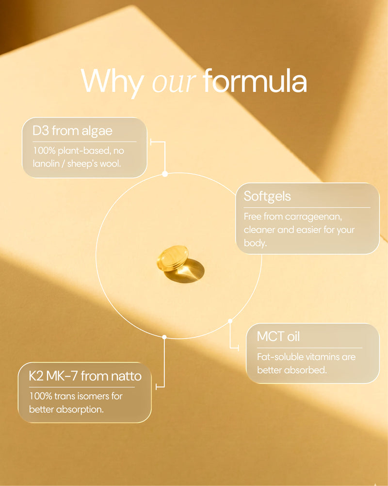 Bottle of Clearly D3 + K2 supplement with ingredients and benefits displayed on the label.