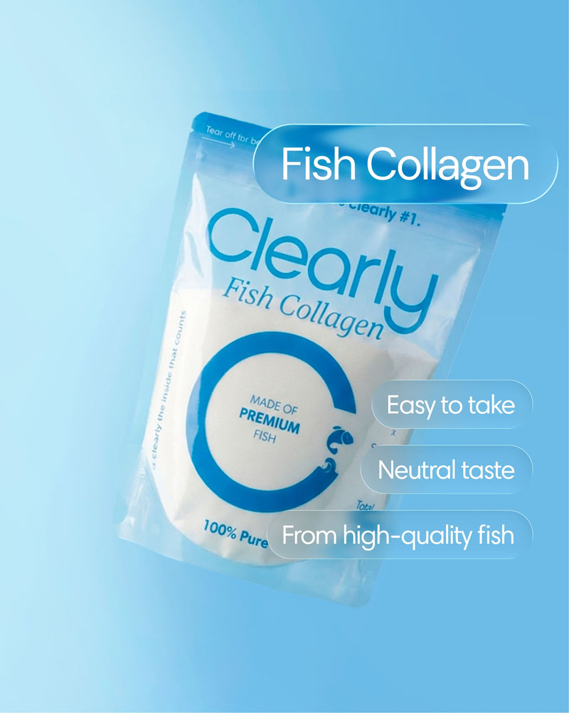 Clearly Fish Collagen supplement bottle with label visible, showcasing the product’s health benefits and natural fish collagen ingredients.