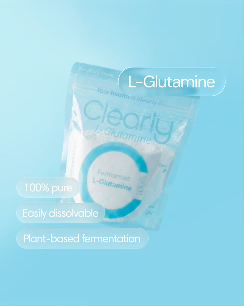 Clearly L-glutamine supplement in a white bottle with a label, showing the front view of the dietary supplement container.