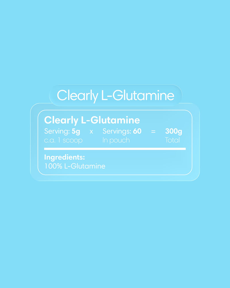 Clearly L-glutamine supplement bottle with label showing product details and branding, emphasizing dietary amino acid support.