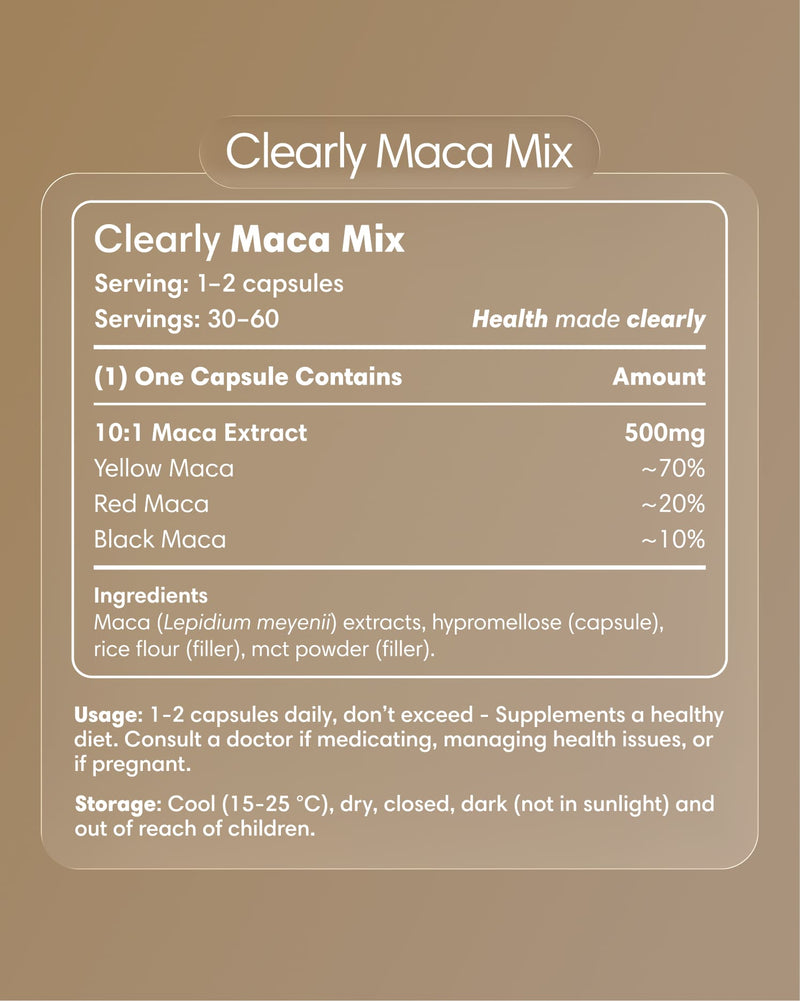 Clearly Maca Mix capsules label showing the product name, branding, and nutritional information on the packaging.