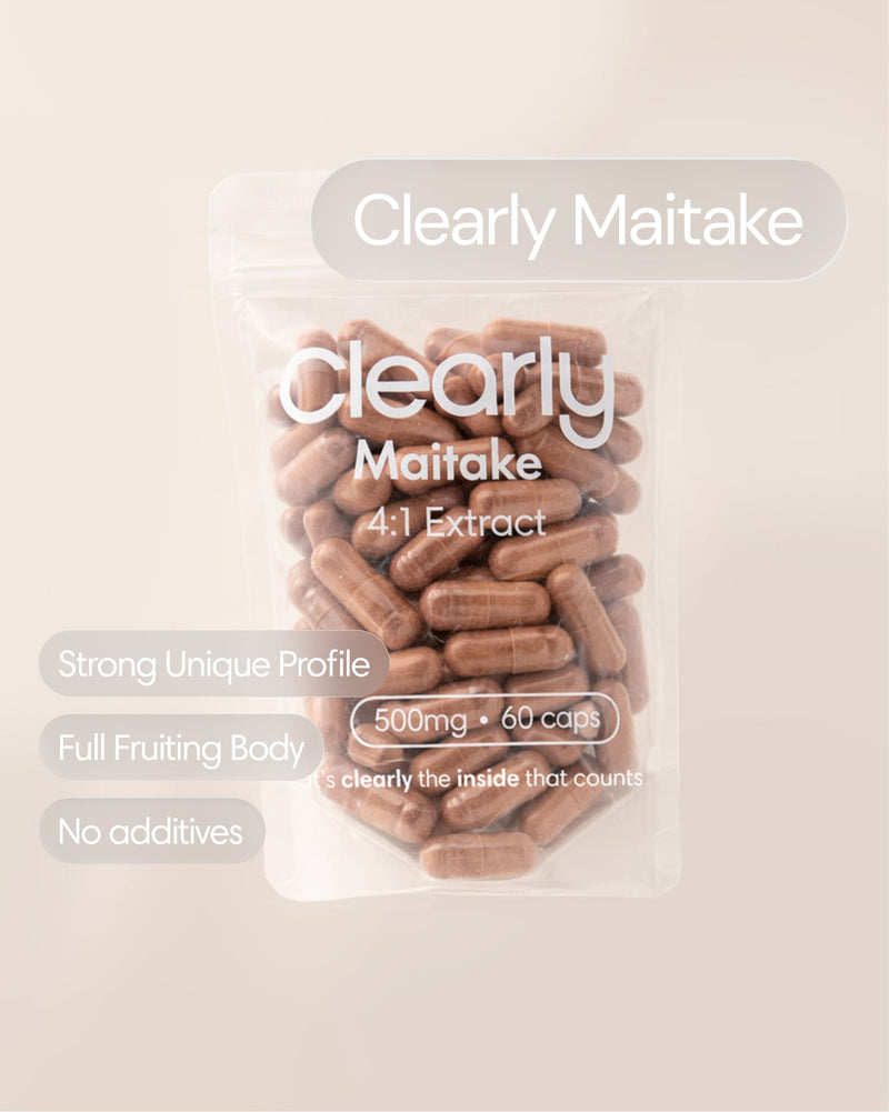 Fresh Clearly Maitake mushroom shown from the front, highlighting its clustered, frilly caps and textured surface.