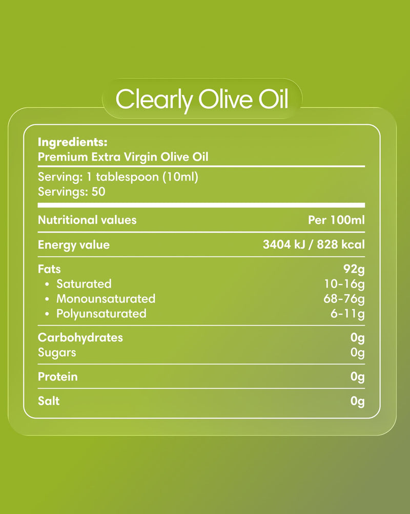 Clearly Extra Virgin Olive Oil bottle with label, showcasing rich gold color and branding on a dark background.