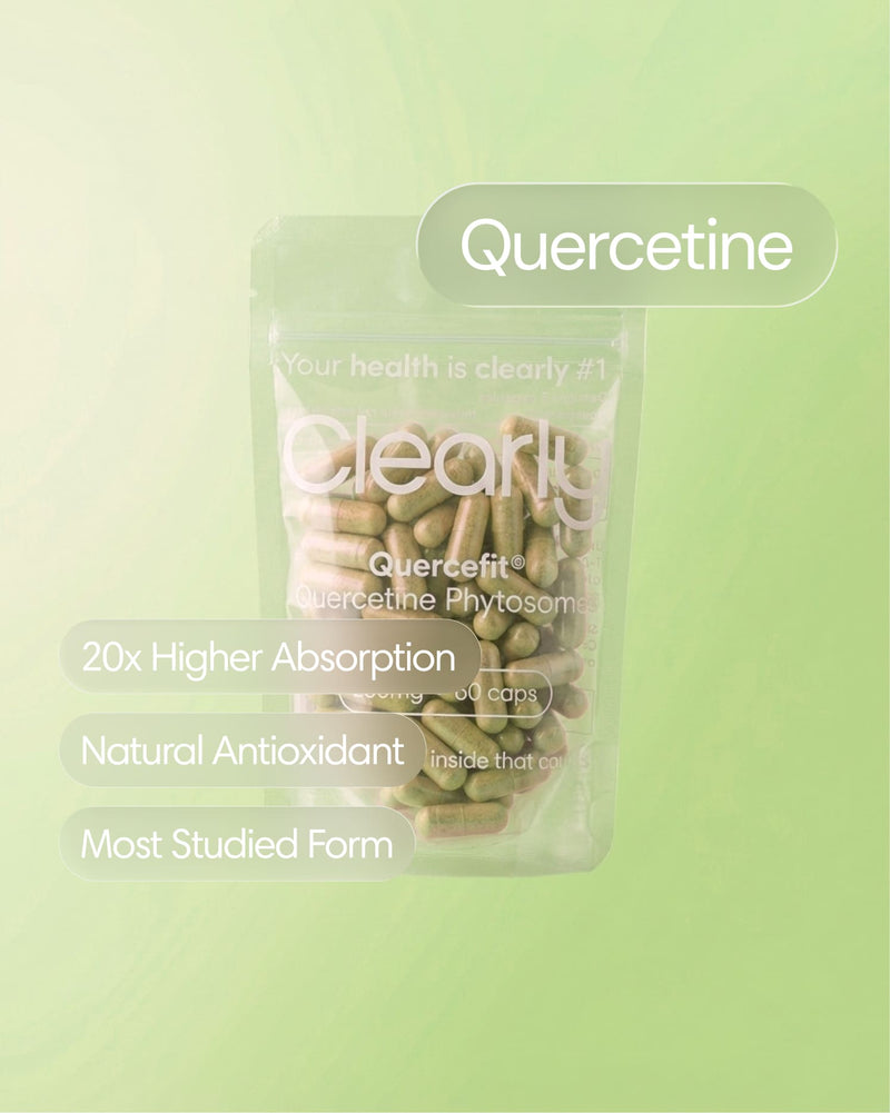 Clearly Quercetine capsules in a bottle, showing the front label and capsules inside, designed for immune support.