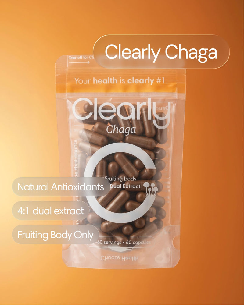 Clearly Chaga capsules in a bottle, showcasing the supplement's packaging with capsules visible inside.