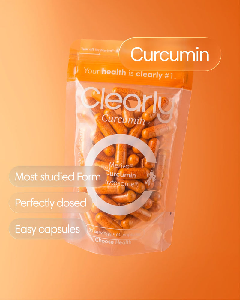 Clearly Curcumin capsules in a bottle, showing the front label with vibrant orange and yellow design elements.