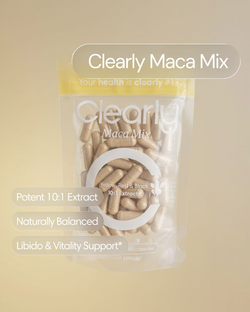 Clearly Maca Mix capsules in a bottle, featuring a natural herbal supplement with maca root for energy and vitality.