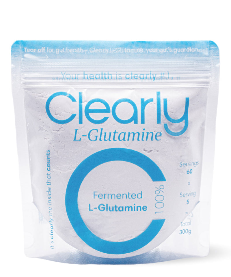 Clearly L-glutamine supplement container with label front view, showing the product name and branding on a white background.