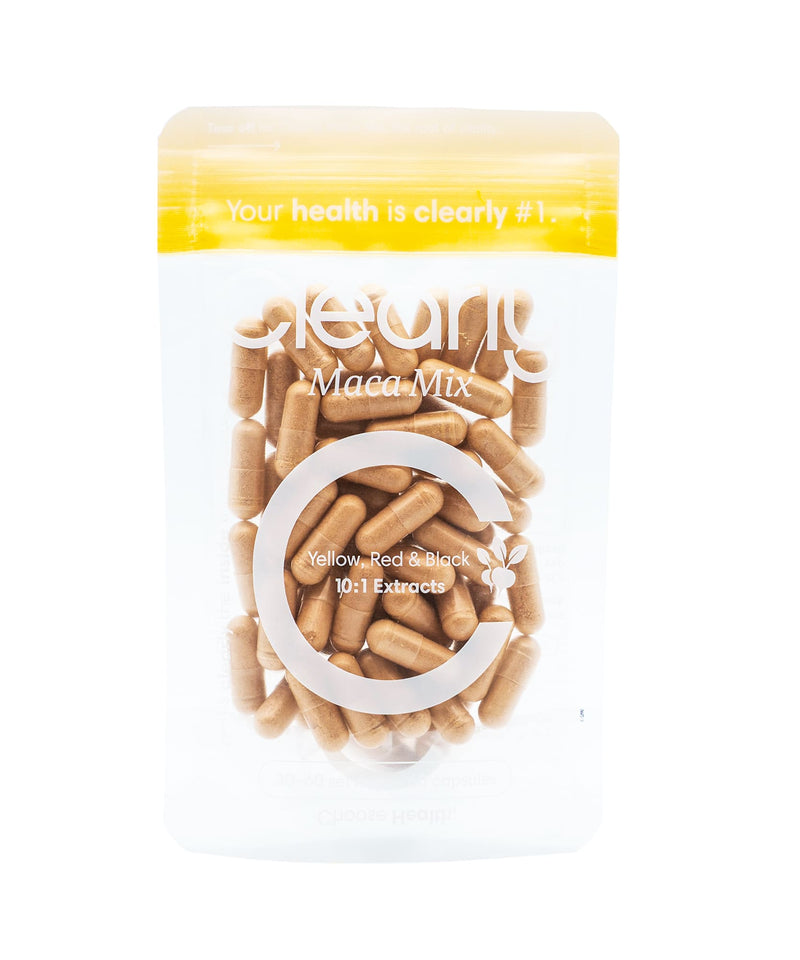 Clearly Maca Mix capsules in a clear bottle, showing the front label and capsules inside.