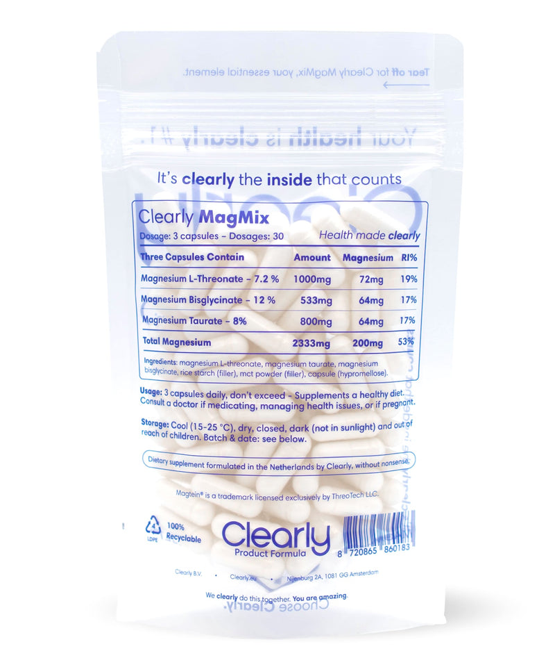 Bottle of Clearly Magnesium Mix supplement with a label showing magnesium ingredients and a white cap.