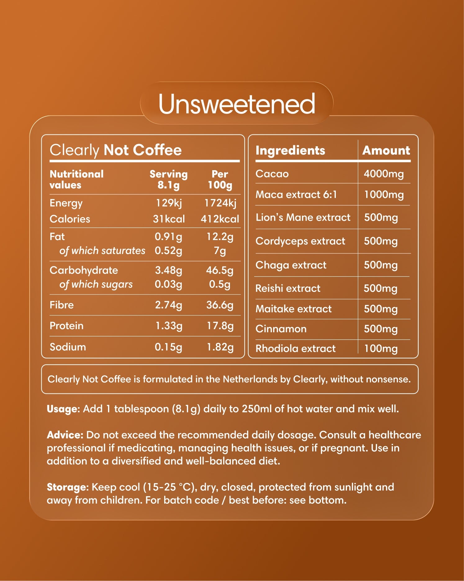 “Nutritional facts and ingredients label for Clearly Not Coffee Unsweetened, featuring cacao and functional mushroom extracts with no added sugars.”