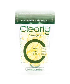 Clearly Omega-3 supplement bottle featuring softgel capsules, designed for heart and brain health support.